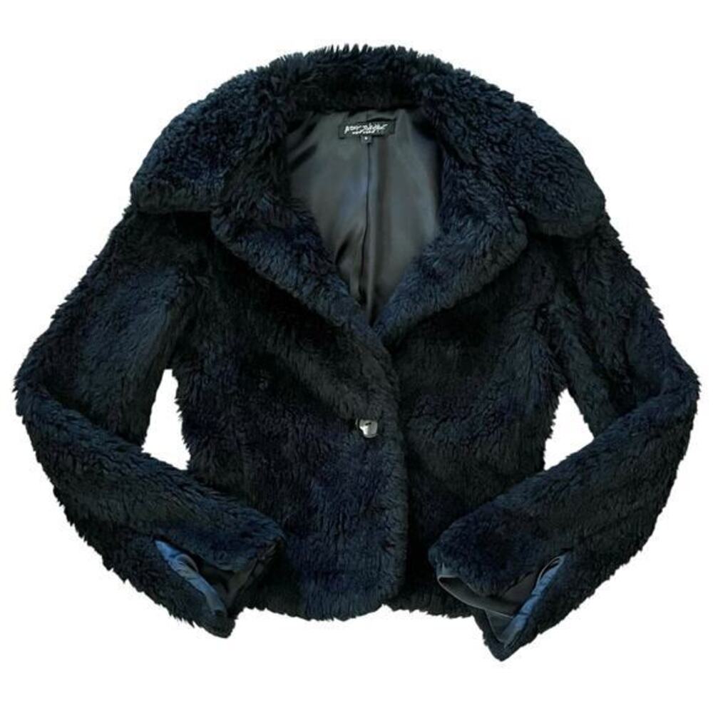 Betsey Johnson 1990s Vintage Black Faux Fur Jacket - Rare Made in USA Short Coat